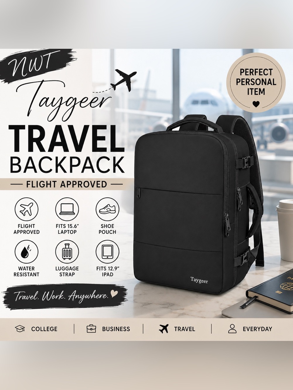 NWT Taygeer Black Travel Backpack Flight Approved 15.6” Laptop Personal Item